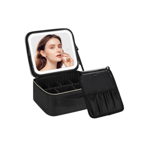 Chomeiu Makeup Bag with LED Mirror, Travel Makeup Case for Women and Makeup Artists Cosmetic Organizer Large Make Up Bags with Light Up Mirror, 3 Color Lights, Adjustable Dividers and Brush Holder Black