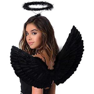 Antspirit Angel Black Wings and Halo Angel Costume for Girls Kids Women Halloween (Black) 