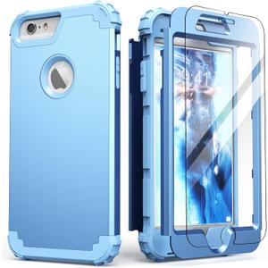 IDweel for iPhone 6S Plus Case with Screen Protector,for iPhone 6 Plus Case, 3 in 1 Shockproof Slim Hybrid Heavy Duty Hard PC Cover Soft Silicone Bumper Full Body Cover,Peace Blue/Peace Blue
