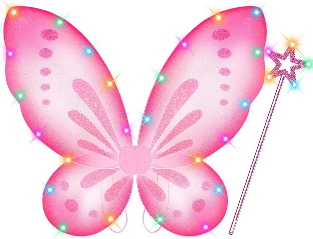 Girls Fairy Butterfly Wings with LED Light, Fairy Wings Light Up Star Wands for Girls Kids Women Halloween Dress Up (Pink) Girls Fairy Butterfly Wings with LED Light, Fairy Wings Light Up Star Wands for Girls Kids Women Halloween Dress Up (Pink)