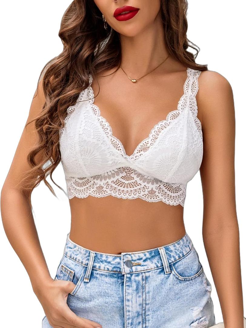 Avidlove Lace Bralettes Womens Triangle Plunge Wireless Bras Camisole Tops Cami Strappy Sexy Soft (XX-Large, White)
