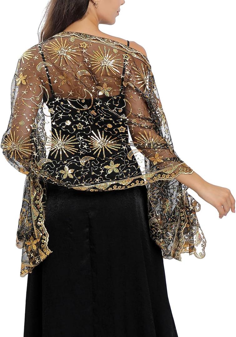Ladiery Sequin Stars Moons Shawls and Wraps for Evening Dresses,Women sparkly Sheer Mesh Wedding Shawls for Evening Party