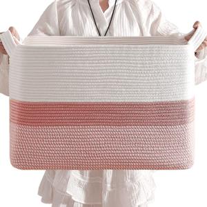 CLHMILY&Z Stylish Square Cotton Rope Storage Basket (Pink & White, 85L)