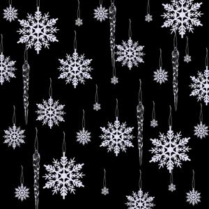 Qunclay 72 Pcs White Christmas Plastic Snowflake Ornament Acrylic Icicles Christmas Ornaments Set 6 Sizes Snow Flakes Winter Decorations Hanging Clear Icicles forTree with String for Party