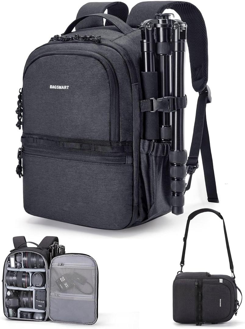 BAGSMART Camera Backpack, DSLR SLR Small Camera Bags for Photographers Compatible for Sony Canon Nikon, Shoulder Strap 2-in-1 Travel Backpack Fits 12.9" iPad, Black