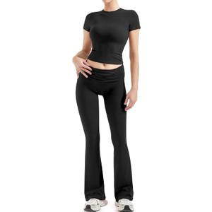 SUUKSESS Women 2 Piece Lounge Sets Going Out Y2K Foldover Pants Matching Pajamas (Black, XL)