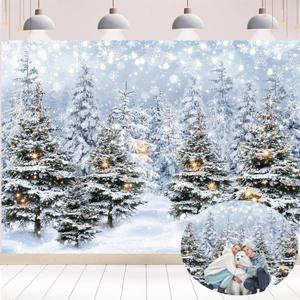 Winter Forest Photography Backdrop 8x6FT Christmas Tree Snowy Snowflake Wonderland Scene Background Winter Holiday Party Decorations Supplies Photo Props