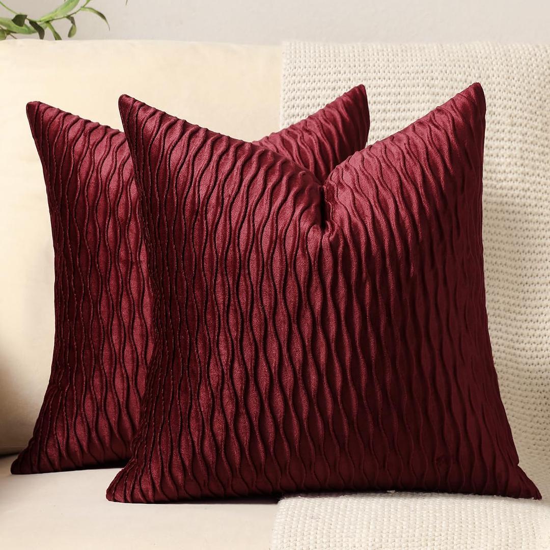 DEZENE Burgundy Throw Pillow Covers: 2 Pack 20x20 Inch Original Striped Velvet Square Decorative Pillow Cases for Farmhouse Couch (20" x 20" (Pack of 2))