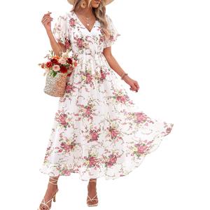 Bebonnie Womens Summer Wrap V Neck Short Sleeve Flowy Layers Chiffon Wedding Guest Maxi Dresses (White, L)