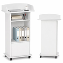 Podium Stand with Metal Wheels Wooden Lectern Podium Stand Portable Pulpit Standing with Storage Mobile Reception Podiums Desk for Church Office School Conference Restaurant Meeting, White