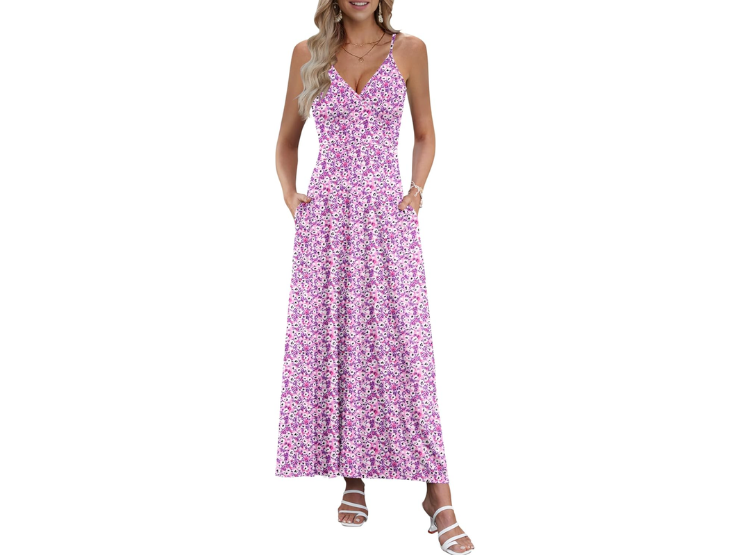 AUSELILY Womens Summer Dress 2025 Sleeveless V Neck Formal Party Evening Cocktail Long Dress with Pockets,L