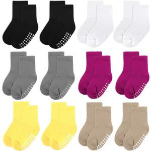 12 Pack Baby & Toddler Cotton Crew Socks - Non-Slip Grip, Unisex, 2-4T (Black/White/Gray/Magenta/Yellow/Khaki)