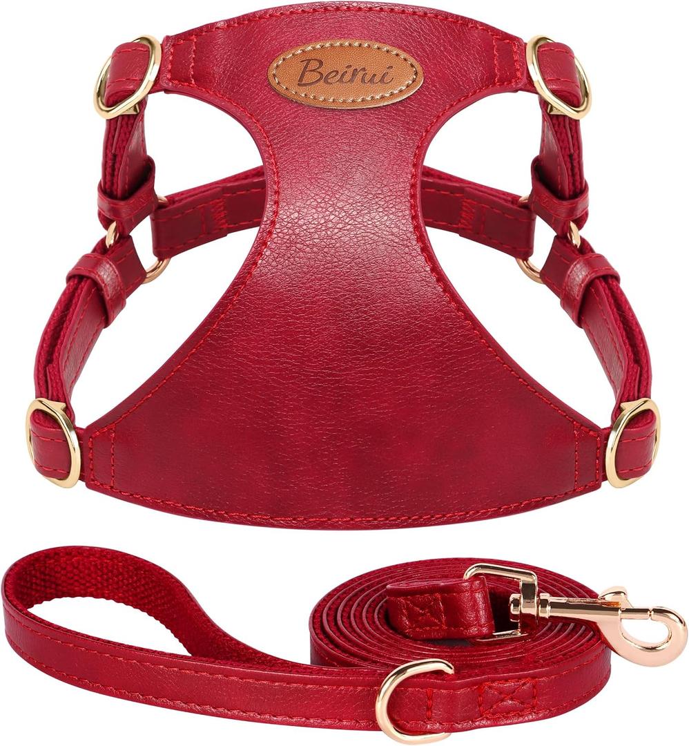Beirui Small Dog Harness and Leash Set, PU Leather, Red,S,Chest 19.5-23" | For Small Dogs, Adjustable Step in Puppy Harness, Breathable Mesh Lining, Durable Metal Buckle, For Walking Traveling