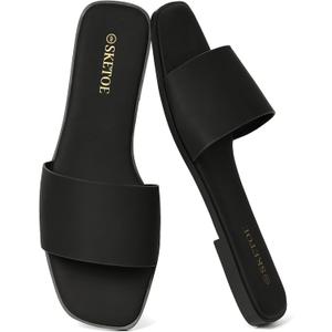 Womens Flat Sandals Comfortable Square Open Toe Summer Flats Casual Dressy Sandals for Women (7.5, Black)