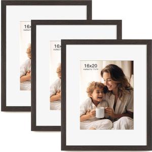 16x20 Picture Frame with Mat for 11x14 Set of 3, Black Wood Grain 16x20 Frames for Horizontal & Vertical Wall Mounting (3 Pack,Black)