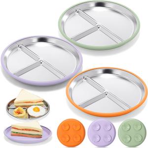 Nuogo 3 Pack Stainless Steel Suction Toddler Plates 9 Divided Baby Feeding Plates with Silicone Sleeve Non-slip Kids Dishes for Baby LED Weaning Self-feeding, Dishwasher Safe (Green,Orange,Purple) Nuogo 3 Pack Stainless Steel Suction Toddler Plates 9 Divided Baby Feeding Plates with Silicone Sleeve Non-slip Kids Dishes for Baby LED Weaning Self-feeding, Dishwasher Safe (Green,Orange,Purple)