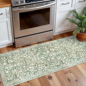 Vintage Washable 2x5 Rug Runner, Sage Green Beige Runners for hallways, Super Soft Kitchen Runner Rug Non Slip, Print Faux Wool Floral Thin Carpet Runner for Entryway Indoor Bedroom
