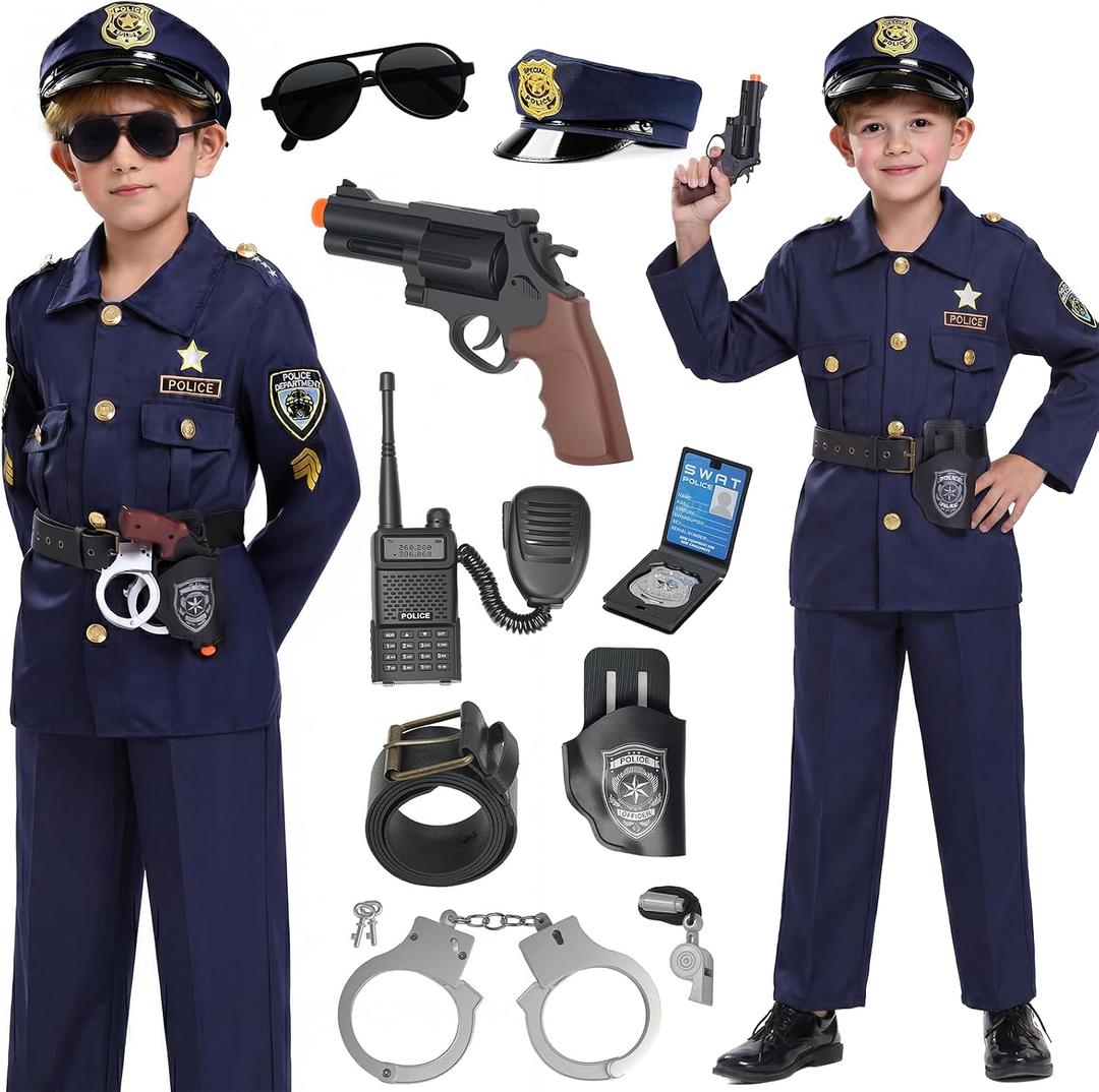 Police Officer Costume for Kids, Cop Costume Outfit Set with Accessories, Kids Halloween Costumes for Boys Girls, Police Costume Role Play Kit for Halloween Career Day (Blue, 8-10Y)