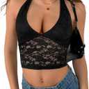 WDIRARA Women's Sexy Contrast Lace Halter Top Backless Sleeveless Sheer Crop Top, Large