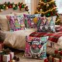 Preppy Retro Pink Christmas Pillow Covers 18x18 Set of 4, Kids Room Christmas Decor, Funny Xmas Tree Town Highland Cow Gnome Decorative Throw Pillow Covers Pillowcases for Home Kids Bedroom