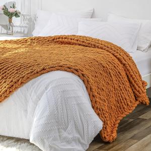Bigacogo Chunky Knit Throw Blanket for Couch, 51x63 inches, 100% Hand Knitted with Thick Jumbo Chenille Yarn, Cozy Soft Large Rope Knot Cable Crochet Blankets for Sofa Bed Living Room, Burnt Orange