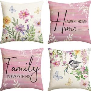 AVOIN colorlife Spring Saying Flowers Butterfly Pink Throw Pillow Covers, 18 x 18 Inch Home Sweet Home Cushion Case for Sofa Couch Set of 4