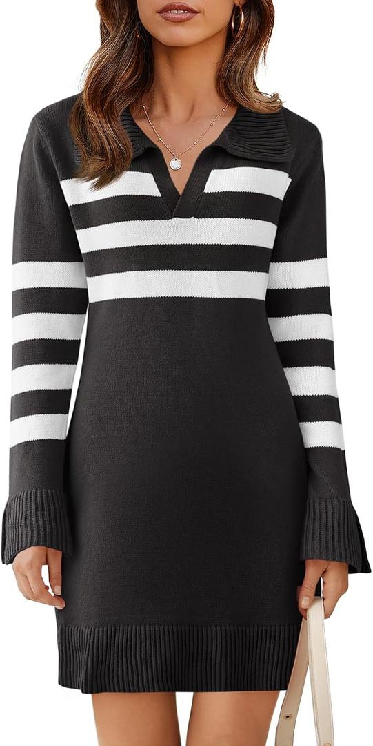 Saodimallsu Womens Striped Sweater Dress V Neck Collared Long Sleeve Slim Fit Ribbed Knit Trendy Mini Dresses (Large, Black)