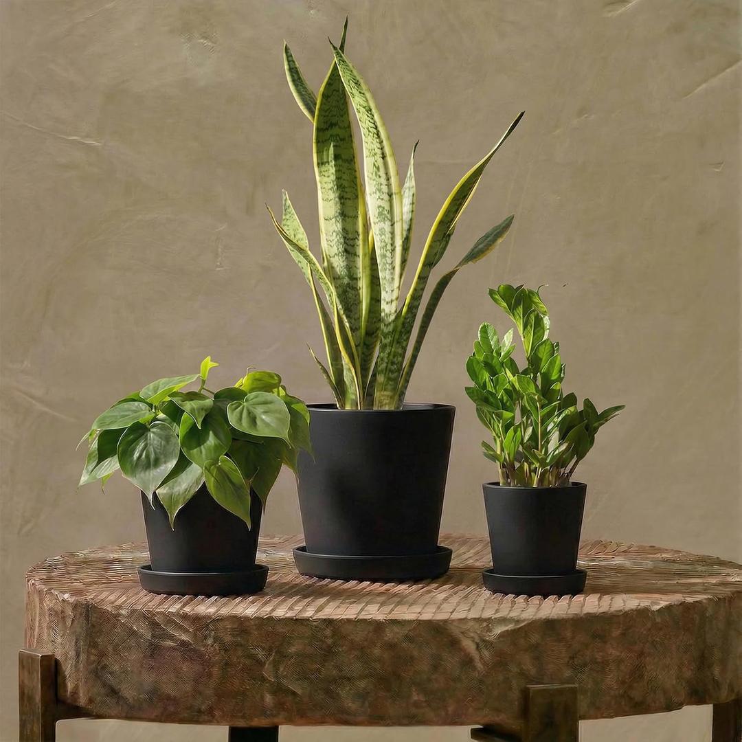 Bamworld Plant Pots Indoor with Drainage Holes- Set of 3 Pots for Plants(5.8/6.7/7.9Inch) Plastic Flower Pot Planters for Indoor Outdoor Plants Garden Pots for Room & Office Décor Black, Inverted cone