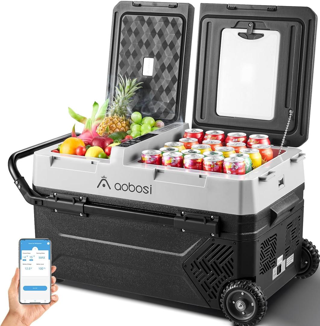 AAOBOSI 42L Car Fridge Compressor Cooler, 2-Zone Temperature Control (-20°C to 20°C), 12/24V for Car, Electric Cooler with Control [Energy Class E]
