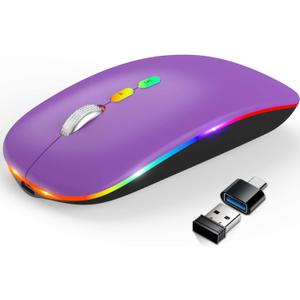 HOTLIFE Wireless Bluetooth Mouse, Slim Rechargeable LED Mouse, 2.4G Portable USB Optical Mouse with Type C Adapter, Purple