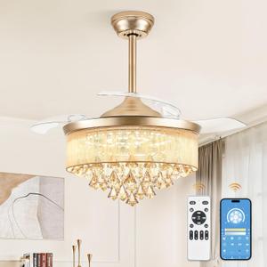 LEDIARY 42 Inch Chandelier Ceiling Fans with Lights and Remote, Retractable Fandelier Ceiling Fan, Crystal Fan for Bedroom Indoor Decoration, 3 Color Changeable, Dimmable, Timer Setting, Gold