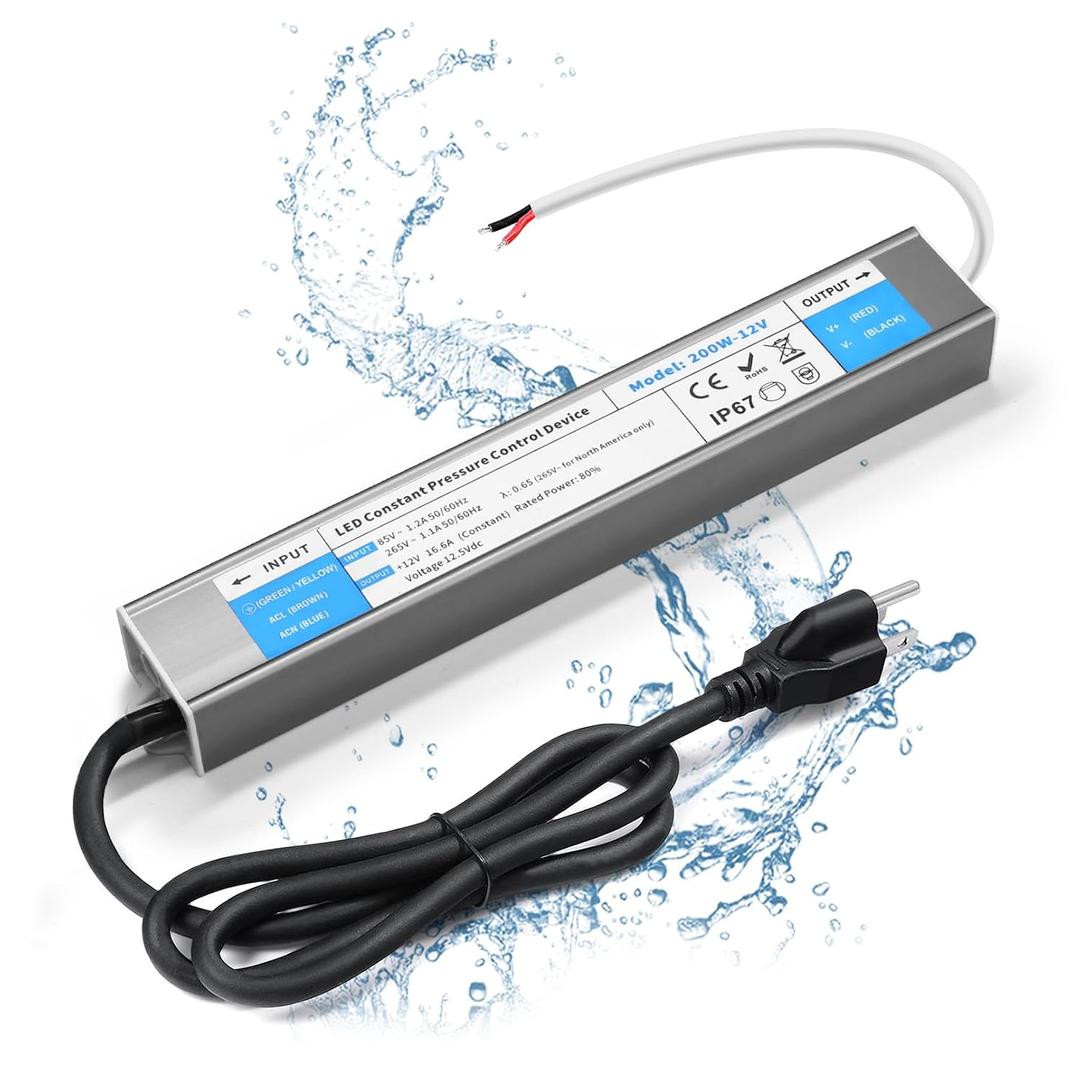 LED Driver 200 Watts Waterproof IP67 Power Supply 85V-265V AC to 12V DC Converter,Quiet and Small LED Transformer Low Voltage Output with 3-Prong Plug 3 Feet Cable for LED Light Strip, Outdoor