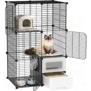 Cat Cage Indoor with Litter Box 3-Tier DIY Cat Crate Detachable Metal Wire Kennel Crate Large Exercise Place Ideal for Kitten