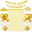 Golden Birthday Party Decorations Set with Happy Golden Birthday Banner, Star Fringe Curtain Backdrop, Balloons, Cake Topper ,Crown Banner Gold Theme Kit for Gold Birthday Party Supplies