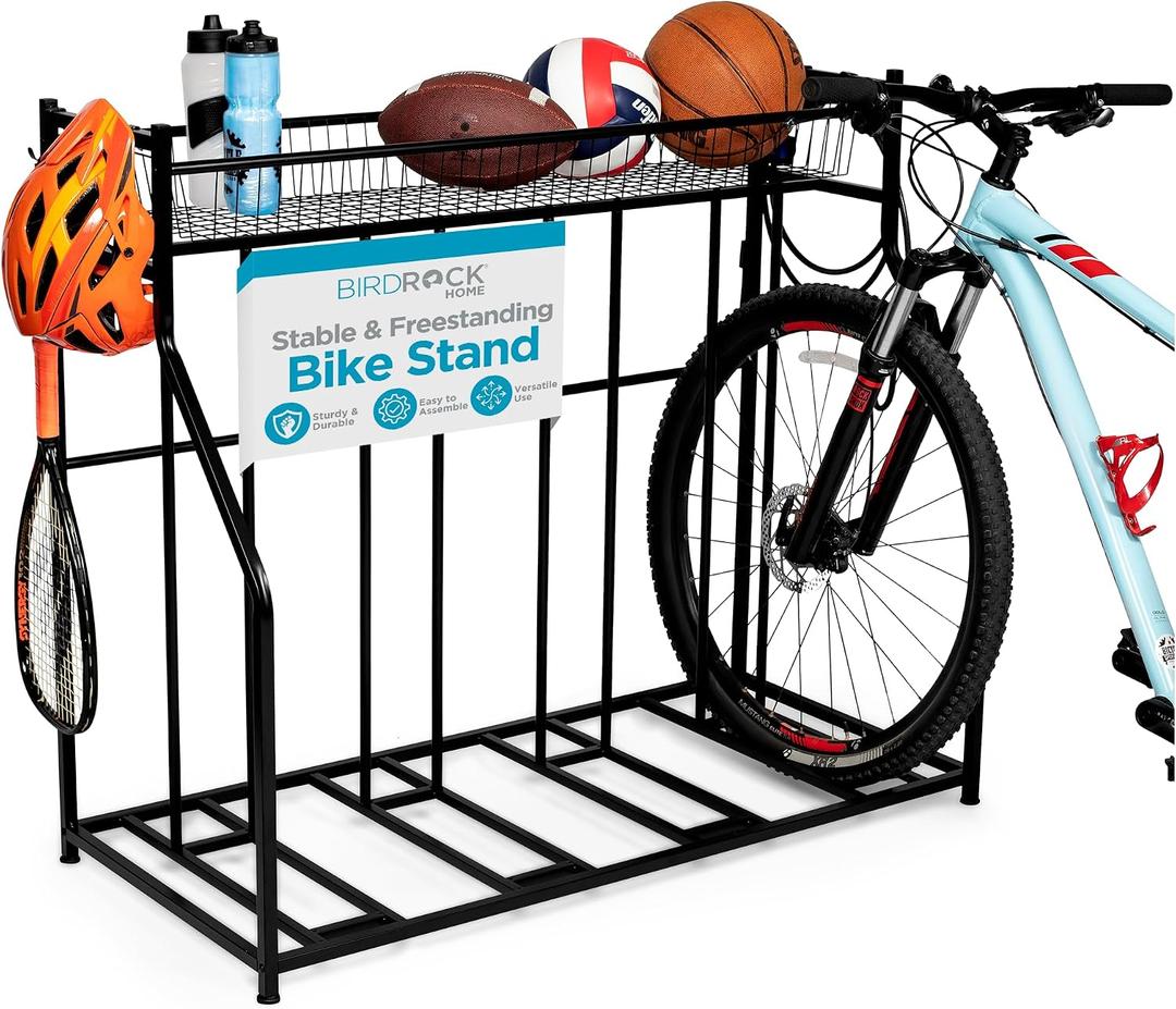 BIRDROCK HOME Bike Rack Garage Storage Floor Stand - Freestanding Organizer for Outdoor Yard - Upright Wall Mount for Scooters, Rakes, Motorcycles, Hoverboards, Gloves - Holds 4 Bicycle - Black