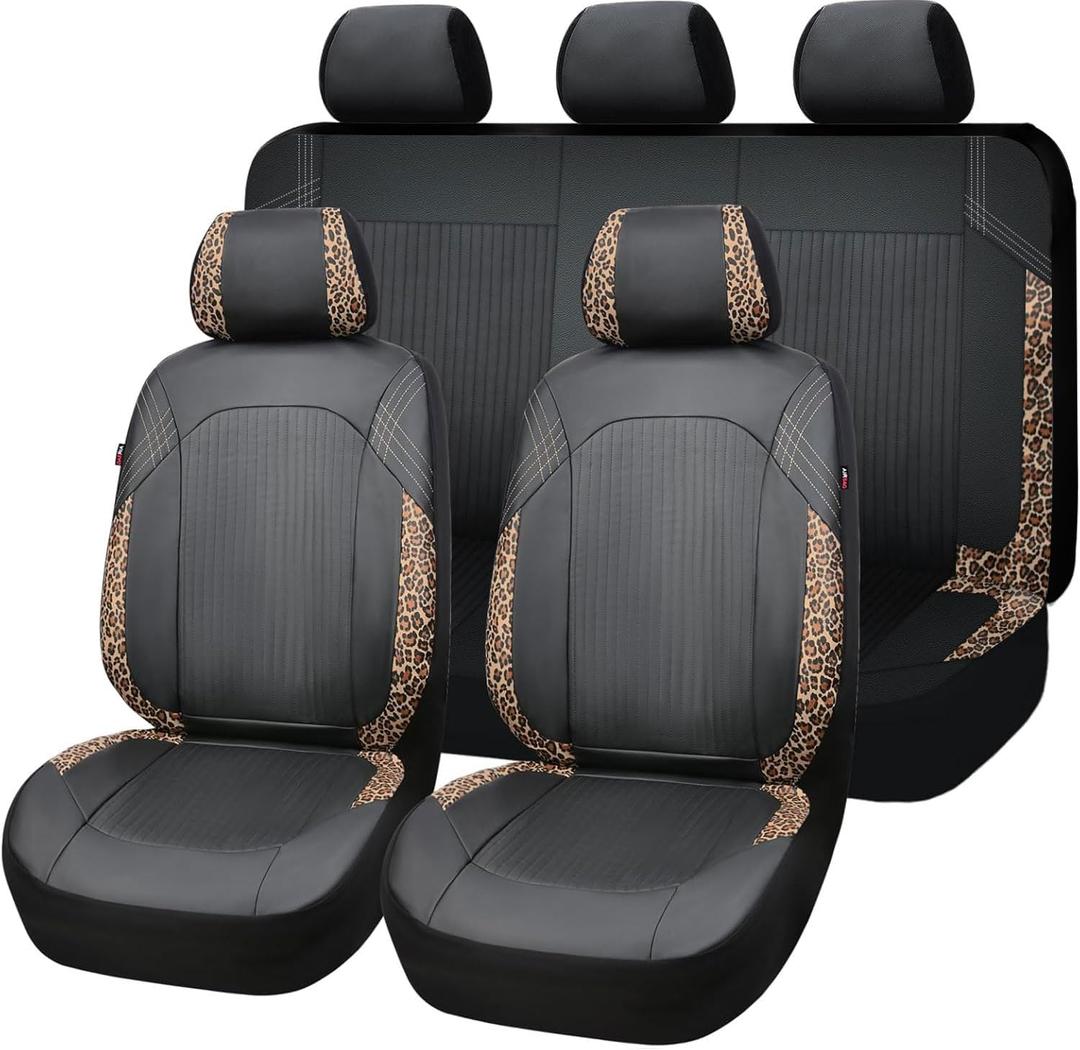 Flying Banner Synthetic Leather car seat Covers Full Set Front and Rear Bench Fashion Easy Installation Cup Holder Free (Black & Leopard Print, LowBucket - Full Set)
