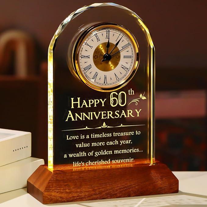 YWHL 60th Wedding Anniversary Clock Gifts for Parents Grandparents, 60 Years Anniversary Couple Gift, Table Clock Glass Presents with Wooden Light Base for Home Decoration (Battery not Included)