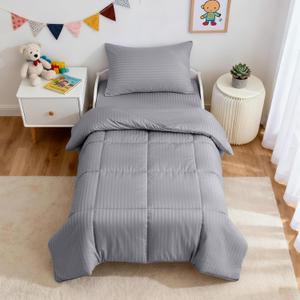ZPECC Toddler Bedding Set - 4 Piece Hypoallergenic Baby Crib Bedding Set for Boys and Girls, Includes Toddler Comforter, Flat Sheet, Fitted Sheet and Pillowcase, Grey Stripe
