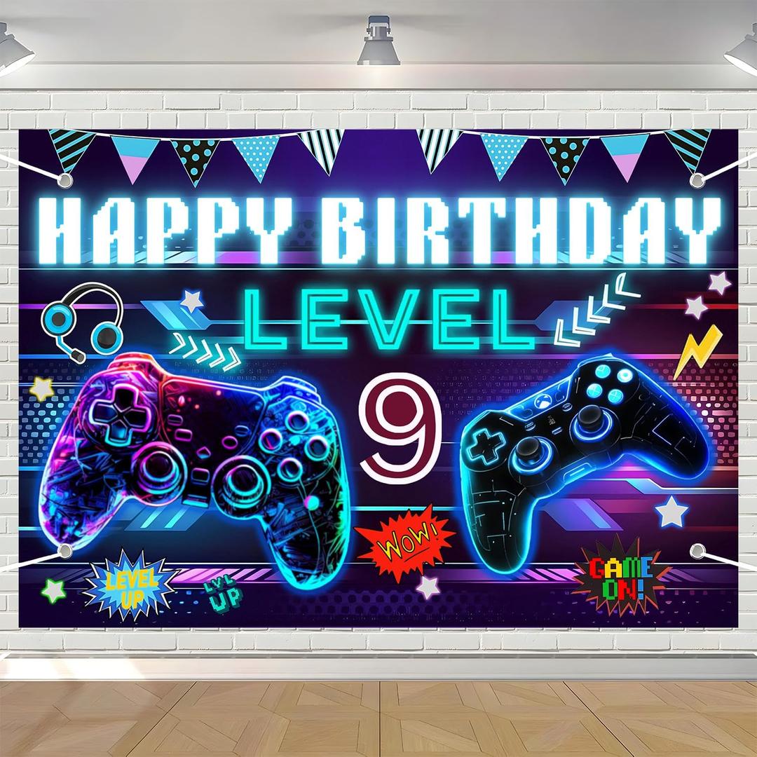 Video Inspired Game Birthday Backdrop Level 9 Happy 9th Birthday Party Banner Background 9th Boys Video Party Game Decorations Party Supplies 5×3ft