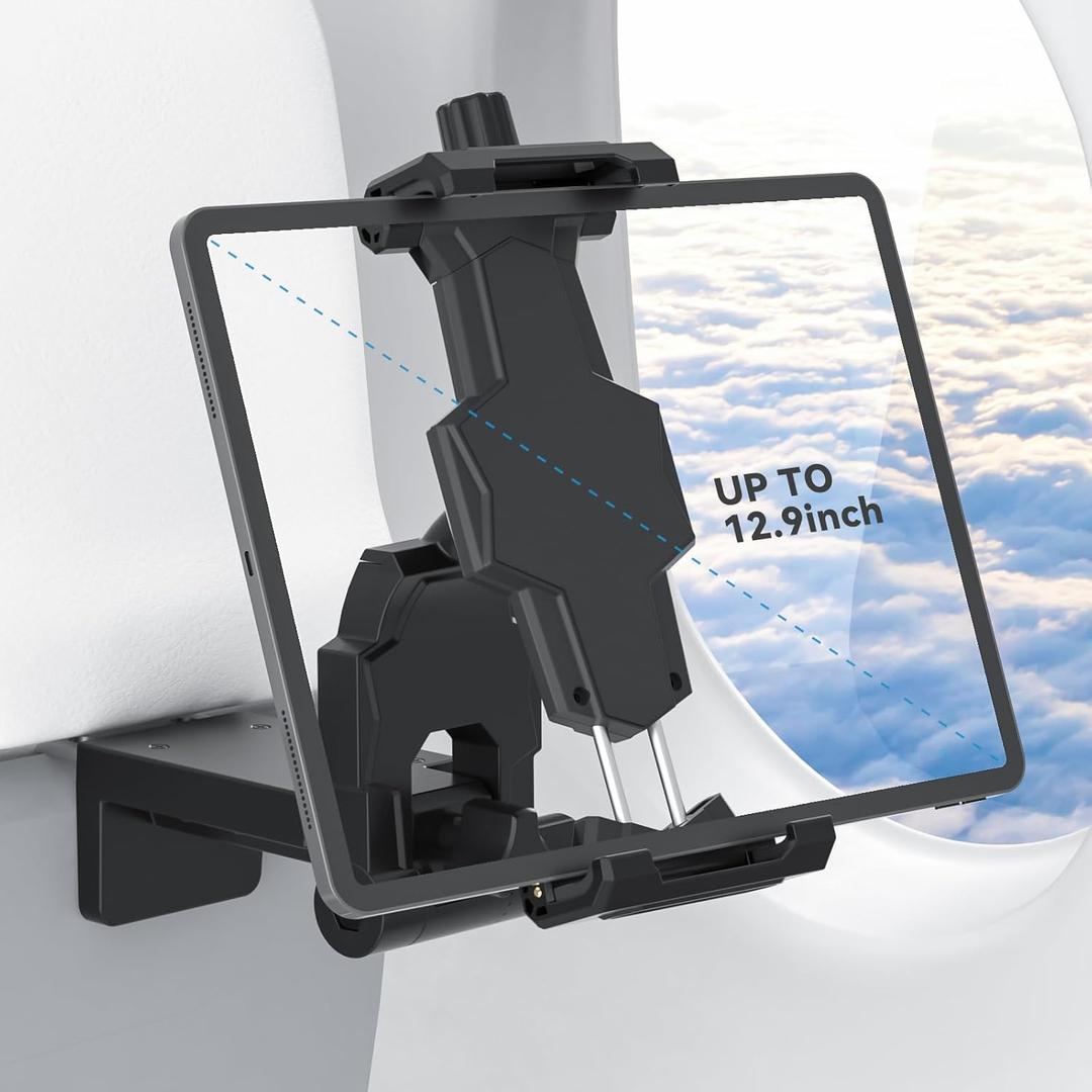 KDD Airplane Tablet Holder Mount, Adjustable Travel Essentials iPad Phone Stand with 360 Degree Rotation, Portable Tesla Model 3/Y Car Headrest Mount Compatible with iPad, Cell Phone (4.7"-12.9")
