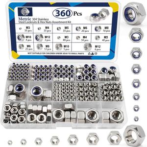 ZQZ 360 Pack Metric Hex Nuts & Locknuts Assortment KitM3 M4 M5 M6 M8 M10 M12 304 Stainless Steel Assorted Nylon Insert Lock Nuts SetsStandard Thread Nylock Nuts