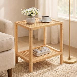 BreezeHug Rattan Side Table, 22 x 14 x 24 Inch Rectangular Wicker End Table, Natural Woven Boho Coastal Accent Nightstand with 2 Tier Shelf, Farmhouse Bedside Nightstand for Bedroom Living Room Decor
