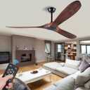 Solid Wood Ceiling Fans Without Light, 52 Inch Real Wood Ceiling Fan with Remote Control and 3 blade, Natural Wood Ceiling Fan Waterproof, Indoor Outdoor Ceiling Fans for Patio, Bedroom, Living room (Deep Walnut Blades + Black Body)