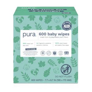 Pura Natural Sensitive Baby Wipes, 99% Water, Unscented & Hypoallergenic, Suitable for Sensitive & Eczema-prone Skin, Hypoallergenic, EWG Verified, 10 Pack of 60 Wet Wipes (600 Diaper Wipes) Bulk Buy