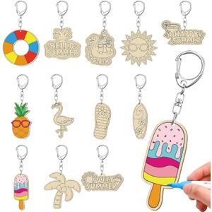 RattanView 24 Pcs Summer Party Craft Color Your Own Keychains Diy Craft Wooden Blank Keychains for Sunday School Classroom Home Active Party Favors Gifts, 12 Styles