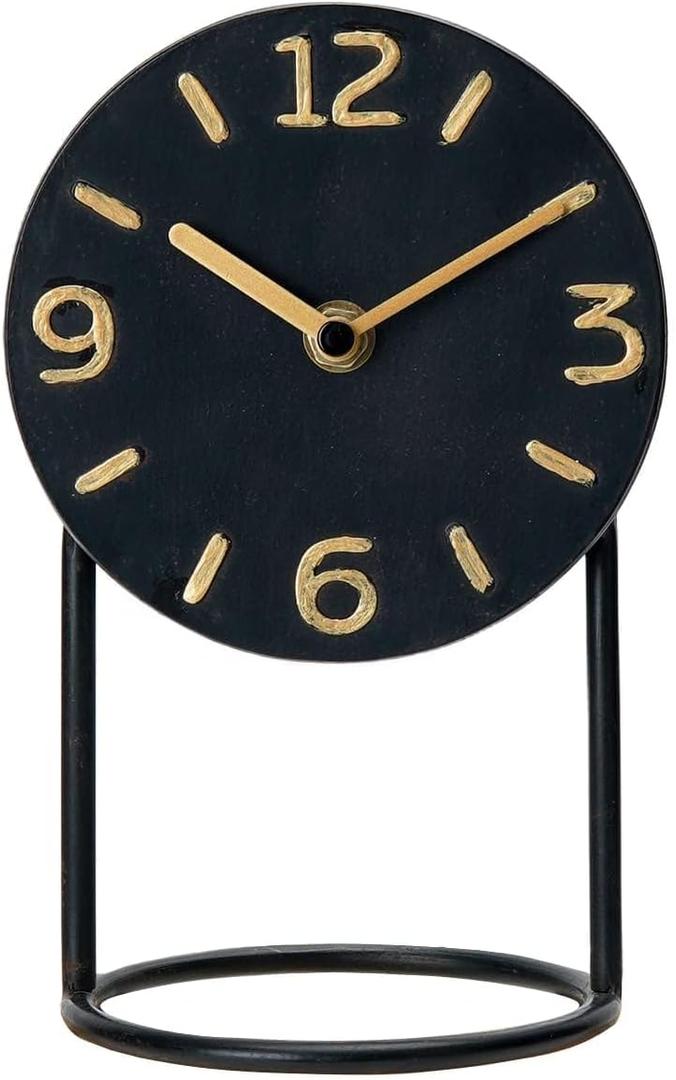 SOFFEE DESIGN Table Clock with Round Base, Iron Silent Desk Clock Battery Operated for Living Room Bedroom Home Decoration, Black