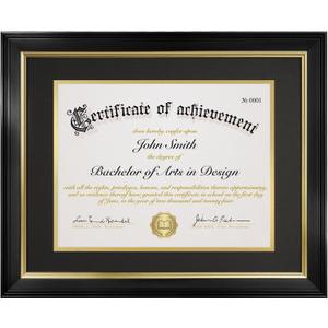 8.5x11 Diploma Frame with Black over Gold Acid-free Mat or Display 11x14 Document without Mat, Certificate Frame with Tempered Glass, Tabletop or Wall Mount (1 Pack, Black/Black) (11x14 with mat for 8.5x11 - 1pk, Black frame/Black mat)