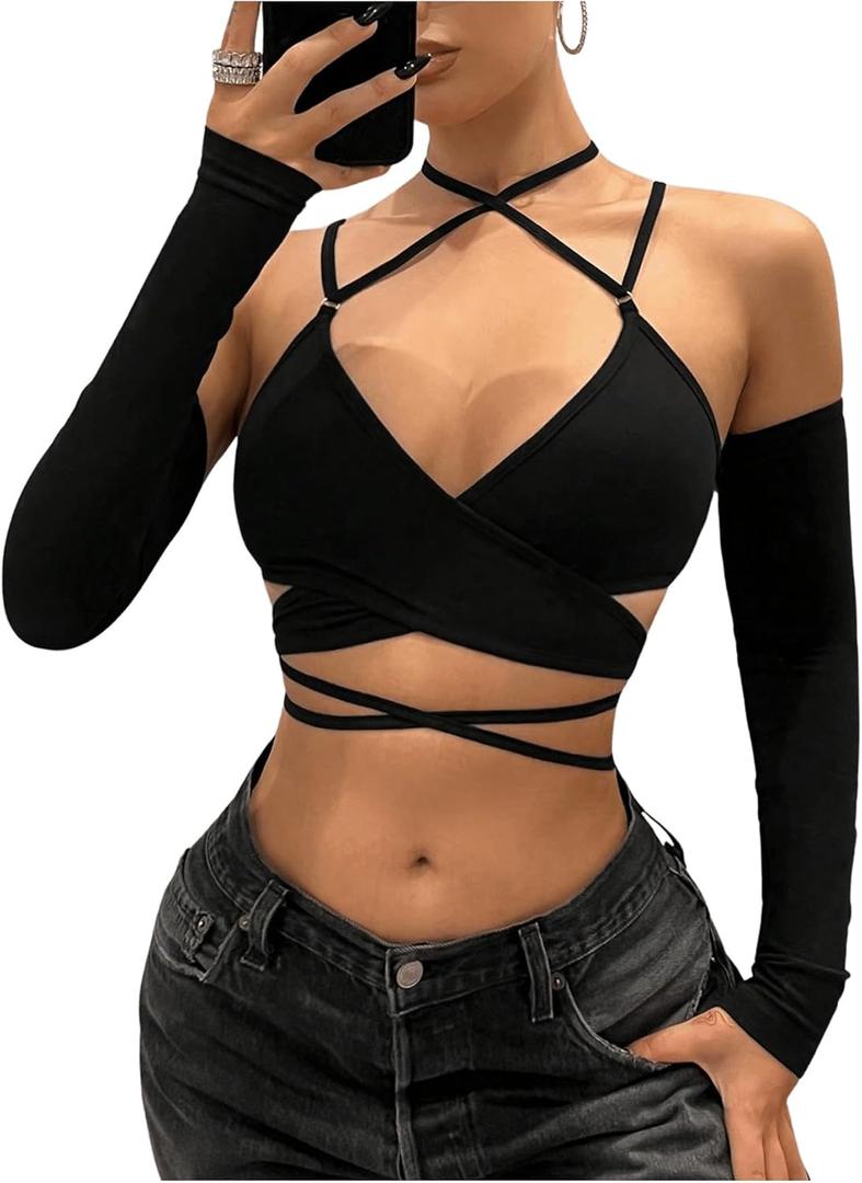 SHENHE Women's Criss Cross Strappy Wrap Crop Top Long Sleeve Halter Sexy Going Out Tshirt (Black, L)