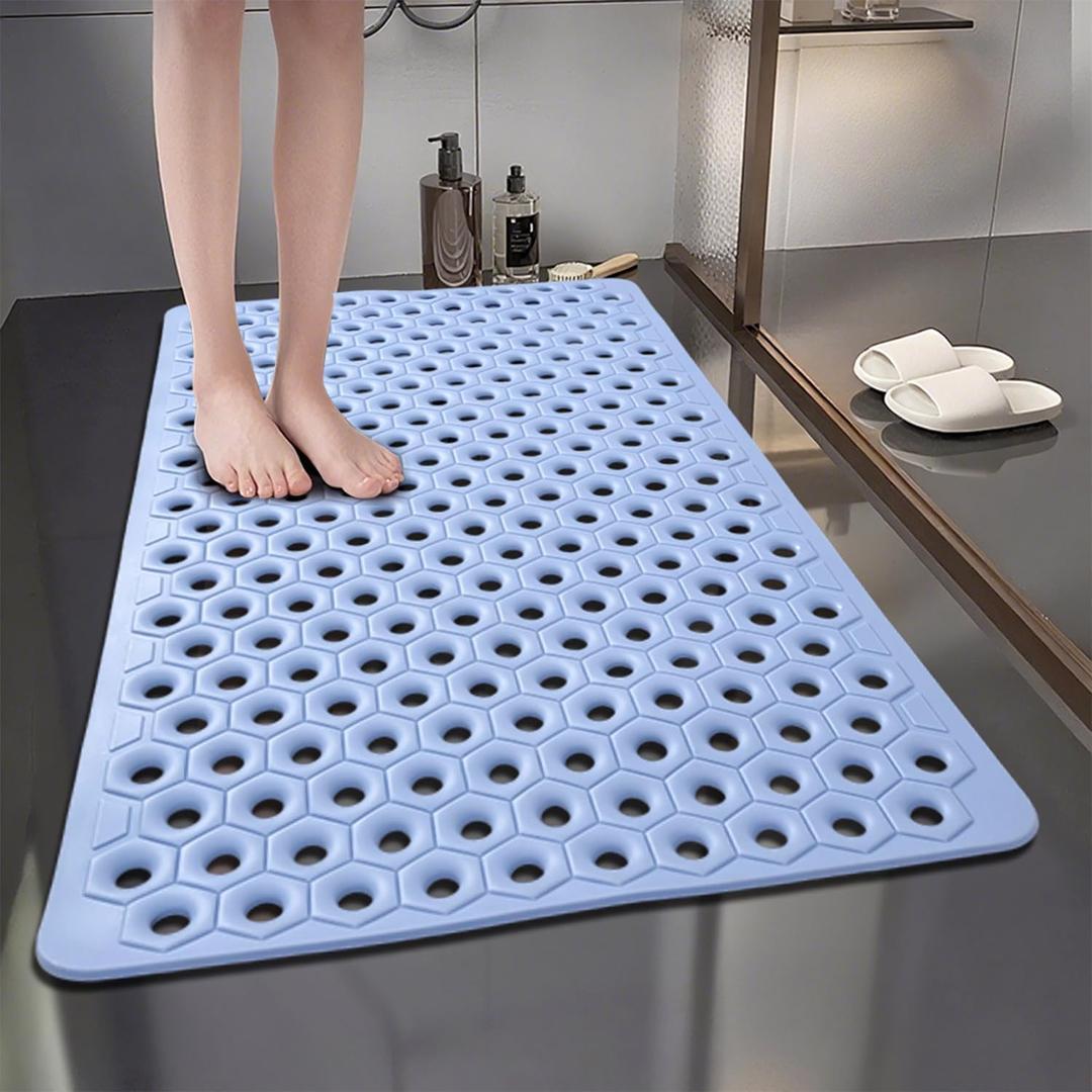 FOMAILE Hexagon Shower Stall Mat Non-Slip Bath Mat for Shower Floor - Super Drainage Quick Dry Bathroom Mat with Strong Suction Cups, Anti-Slip Bath Rug for Tub, Machine Washable,16" x 27.5"Blue