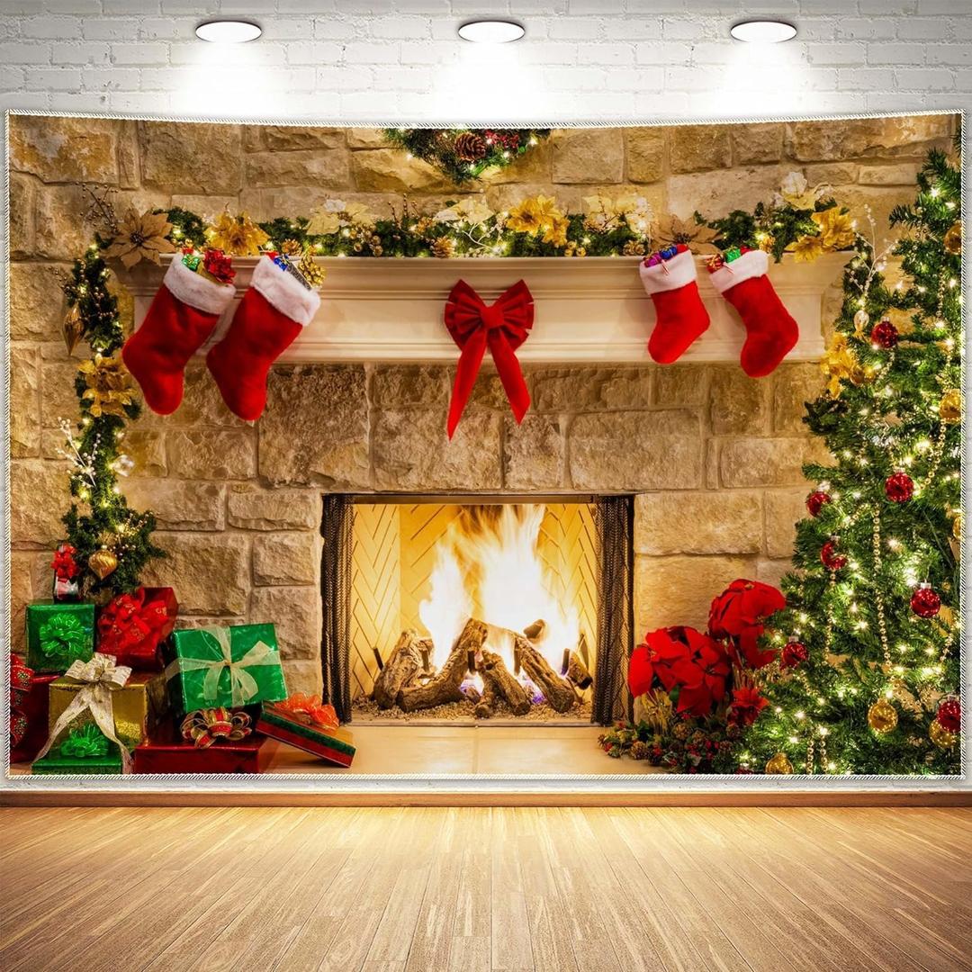 10x8ft Christmas Fireplace Theme Backdrop for Photography Soft Wrinkle Free Fabric Tree Sock Decorations for Xmas Party Supplies Photo Background Pictures Banner Studio Decor Booth Props (10ft by 8ft)
